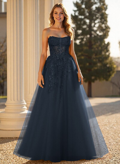 Sweet & Flow A-Line Sweetheart Sleeveless Court Train Lace/Tulle Prom Dresses With Appliques Lace