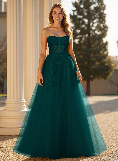 Sweet & Flow A-Line Sweetheart Sleeveless Court Train Lace/Tulle Prom Dresses With Appliques Lace