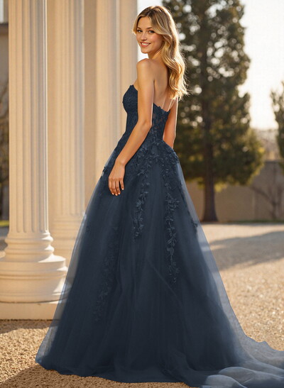 Sweet & Flow A-Line Sweetheart Sleeveless Court Train Lace/Tulle Prom Dresses With Appliques Lace