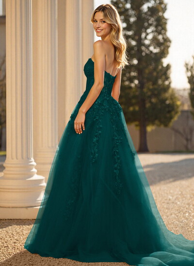 Sweet & Flow A-Line Sweetheart Sleeveless Court Train Lace/Tulle Prom Dresses With Appliques Lace