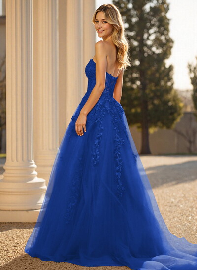 Sweet & Flow A-Line Sweetheart Sleeveless Court Train Lace/Tulle Prom Dresses With Appliques Lace