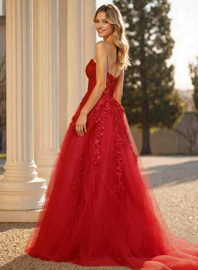 Sweet & Flow A-Line Sweetheart Sleeveless Court Train Lace/Tulle Prom Dresses With Appliques Lace