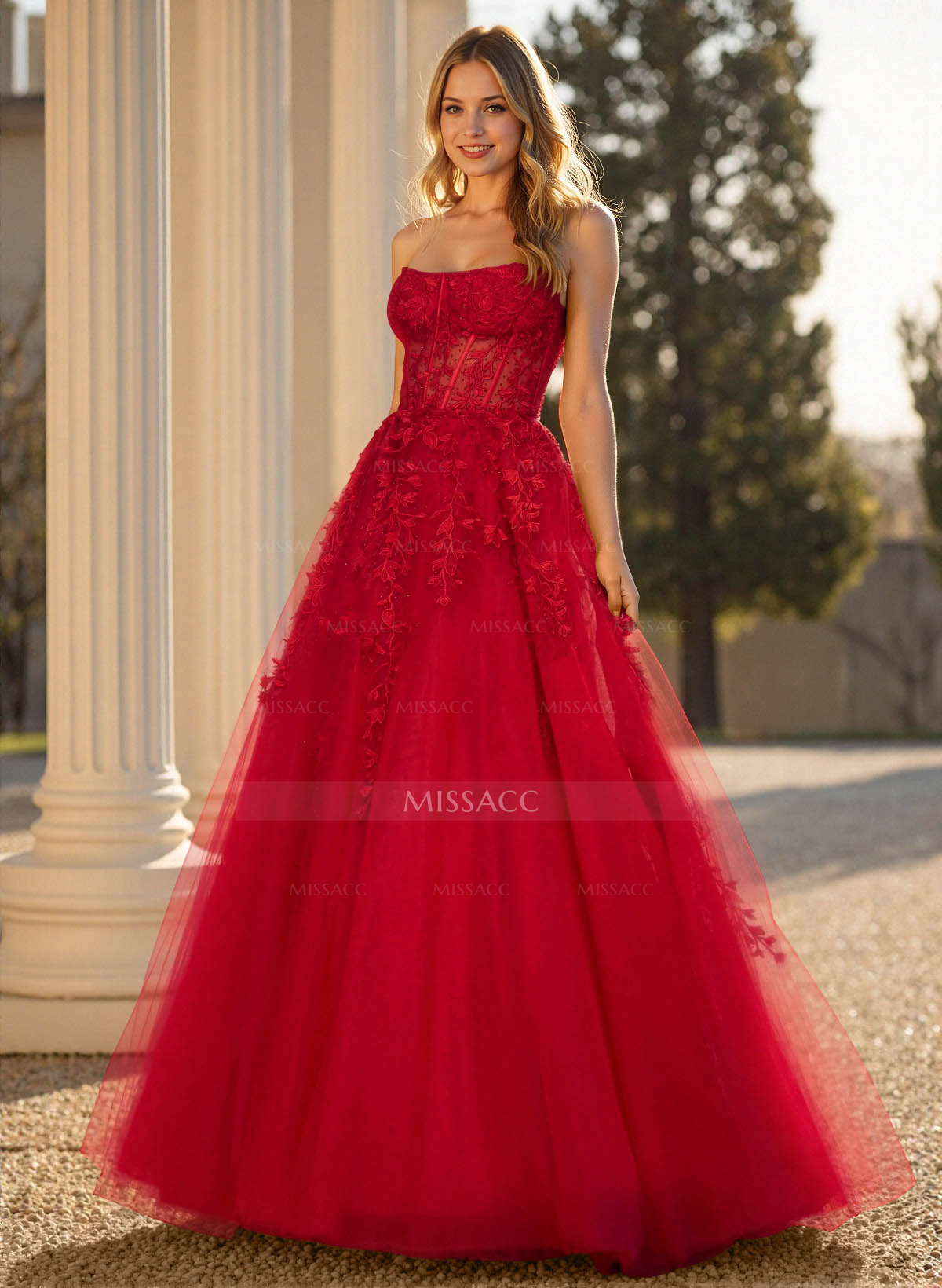 Sweet & Flow A-Line Sweetheart Sleeveless Court Train Lace/Tulle Prom Dresses With Appliques Lace