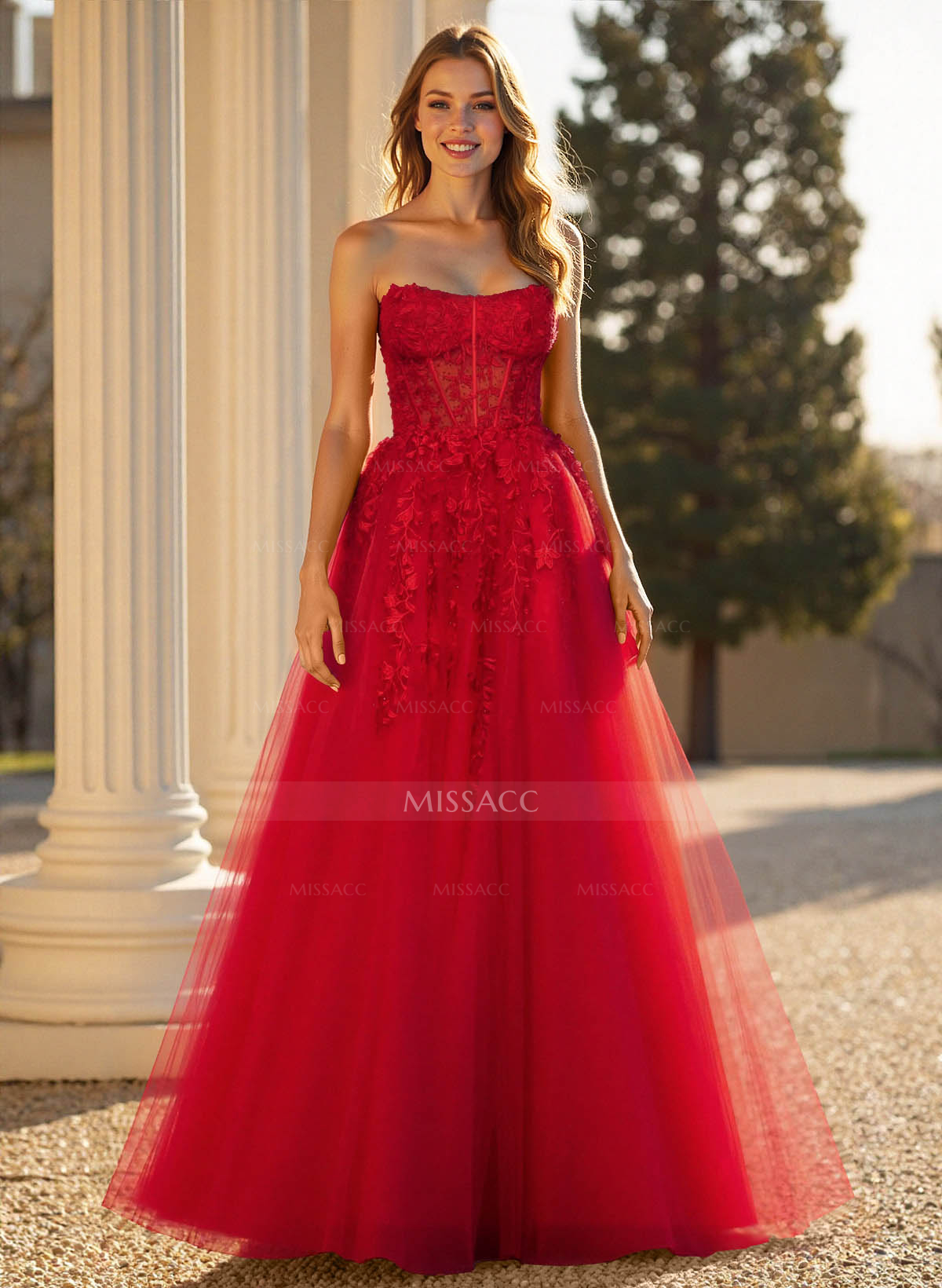 Sweet & Flow A-Line Sweetheart Sleeveless Court Train Lace/Tulle Prom Dresses With Appliques Lace