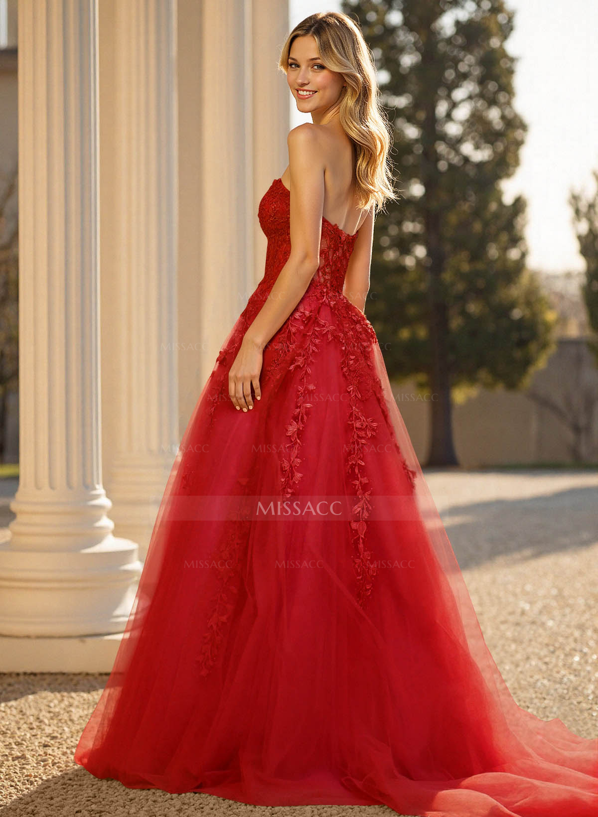 Sweet & Flow A-Line Sweetheart Sleeveless Court Train Lace/Tulle Prom Dresses With Appliques Lace