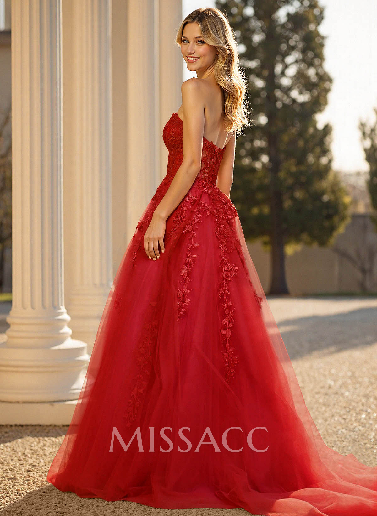 Sweet & Flow A-Line Sweetheart Sleeveless Court Train Lace/Tulle Prom Dresses With Appliques Lace Sweet & Flow A-Line Sweetheart Sleeveless Court Train Lace/Tulle Prom Dresses With Appliques Lace