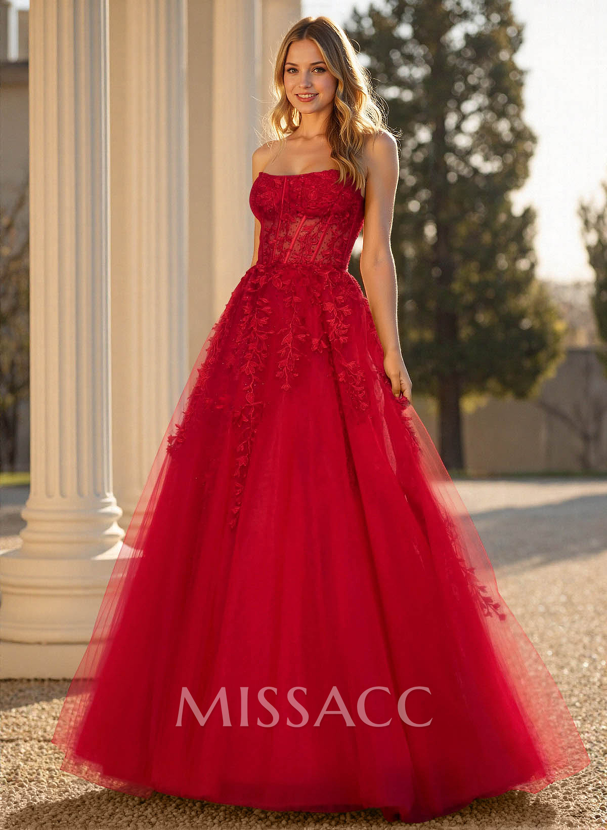Sweet & Flow A-Line Sweetheart Sleeveless Court Train Lace/Tulle Prom Dresses With Appliques Lace Sweet & Flow A-Line Sweetheart Sleeveless Court Train Lace/Tulle Prom Dresses With Appliques Lace