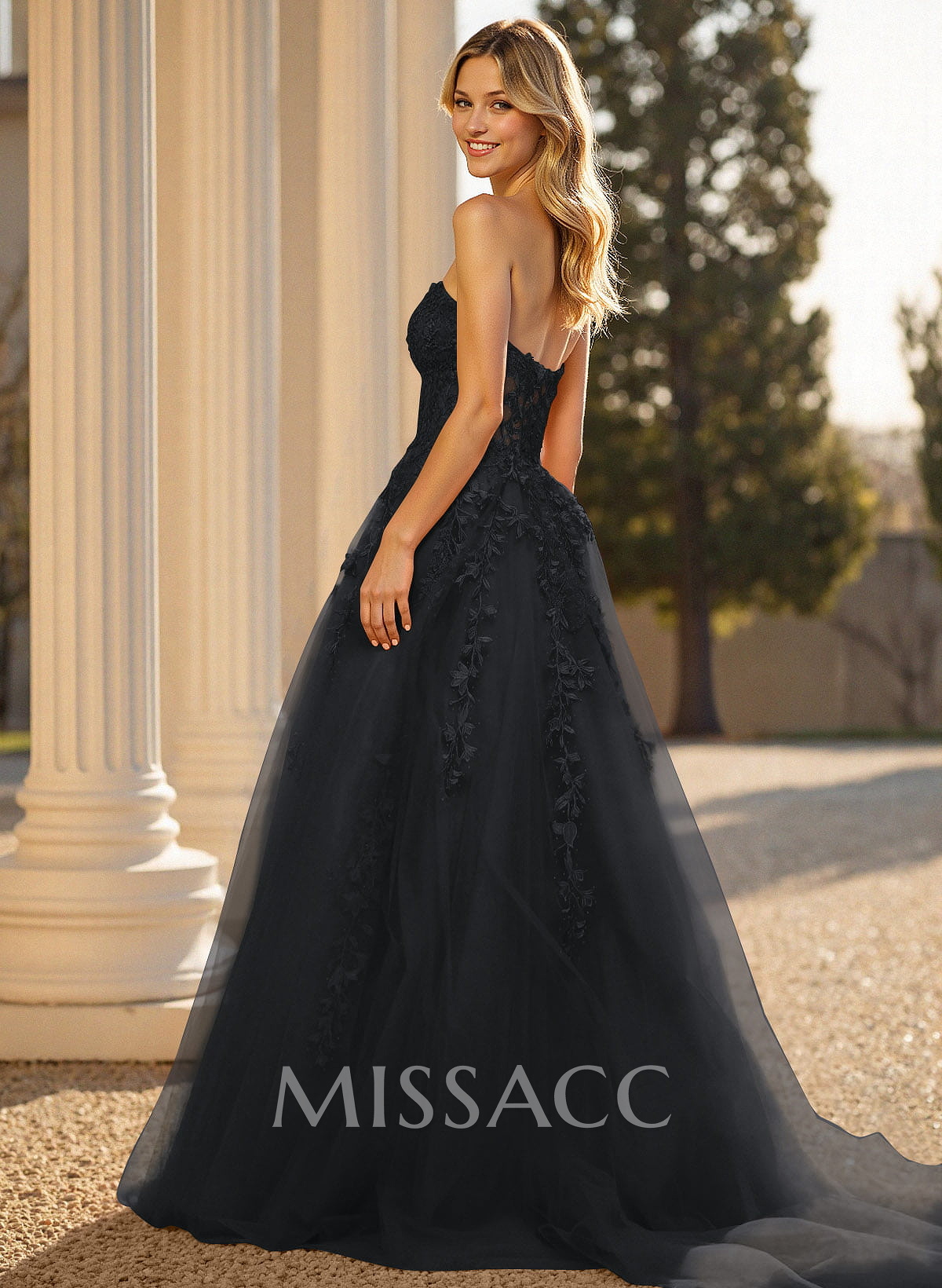 Sweet & Flow A-Line Sweetheart Sleeveless Court Train Lace/Tulle Prom Dresses With Appliques Lace Sweet & Flow A-Line Sweetheart Sleeveless Court Train Lace/Tulle Prom Dresses With Appliques Lace