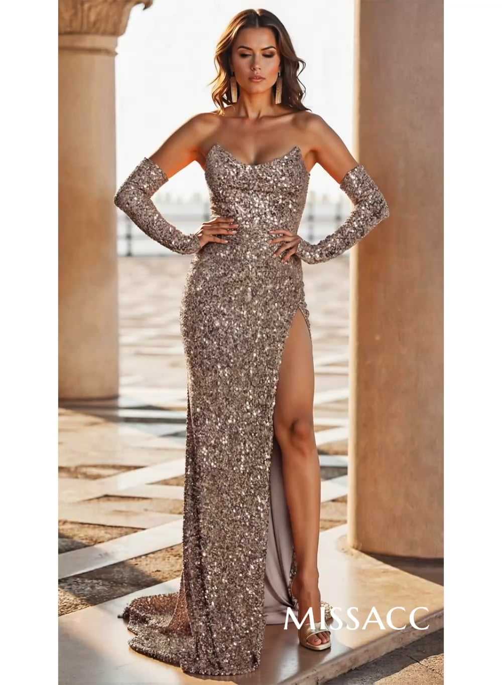 Luxury Sheath/Column Sweetheart Sweep Train Sequined Prom Dresses With Sequins/High Split