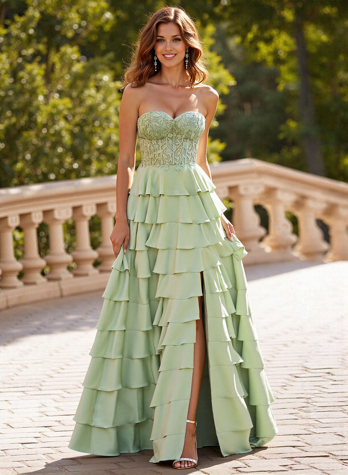 A-Line Sweetheart Sweep Train Stretch Satin Prom Dresses With Cascading Ruffles/Lace/Tiered