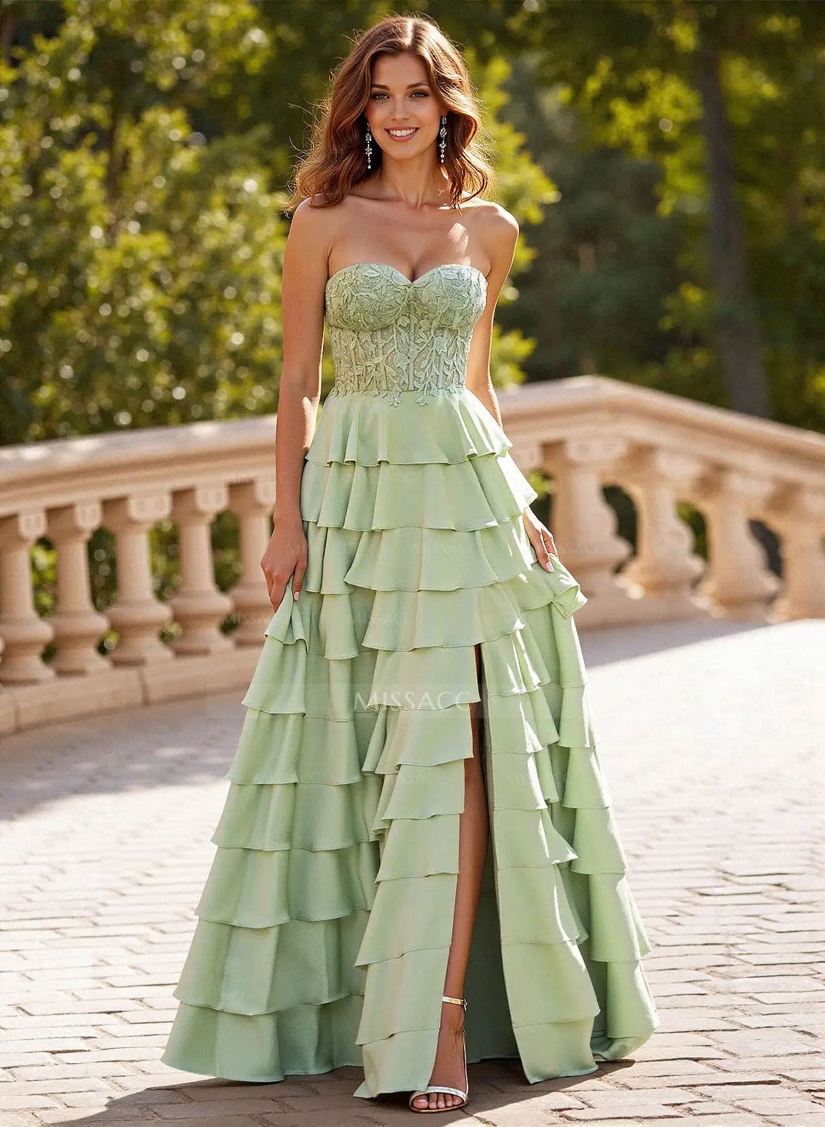A-Line Sweetheart Sweep Train Stretch Satin Prom Dresses With Cascading  Ruffles/Lace/Tiered - Missacc Canada