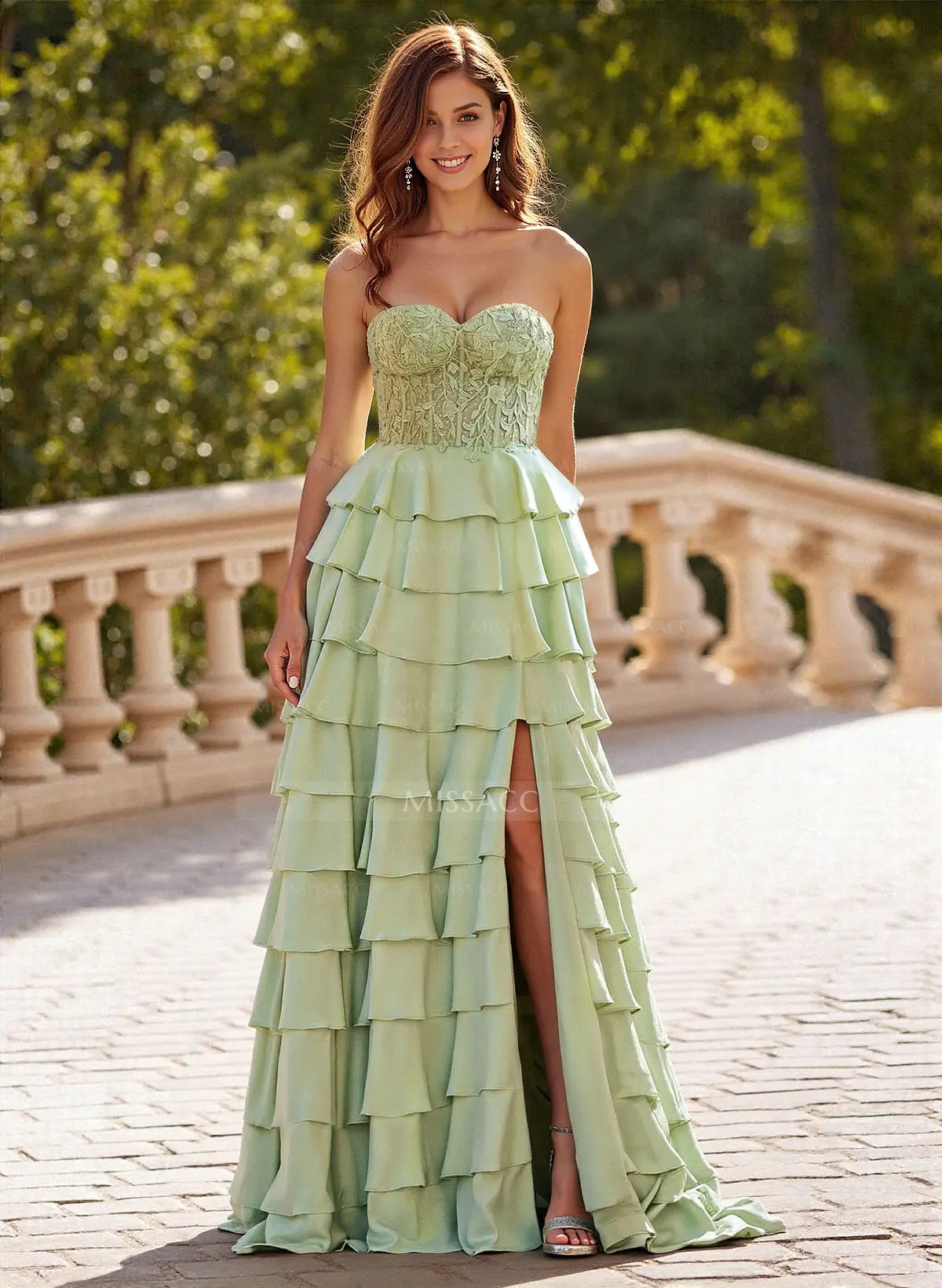 A-Line Sweetheart Sweep Train Stretch Satin Prom Dresses With Cascading Ruffles/Lace/Tiered - Missacc Canada A-Line Sweetheart Sweep Train Stretch Satin Prom Dresses With Cascading Ruffles/Lace/Tiered - Missacc Canada
