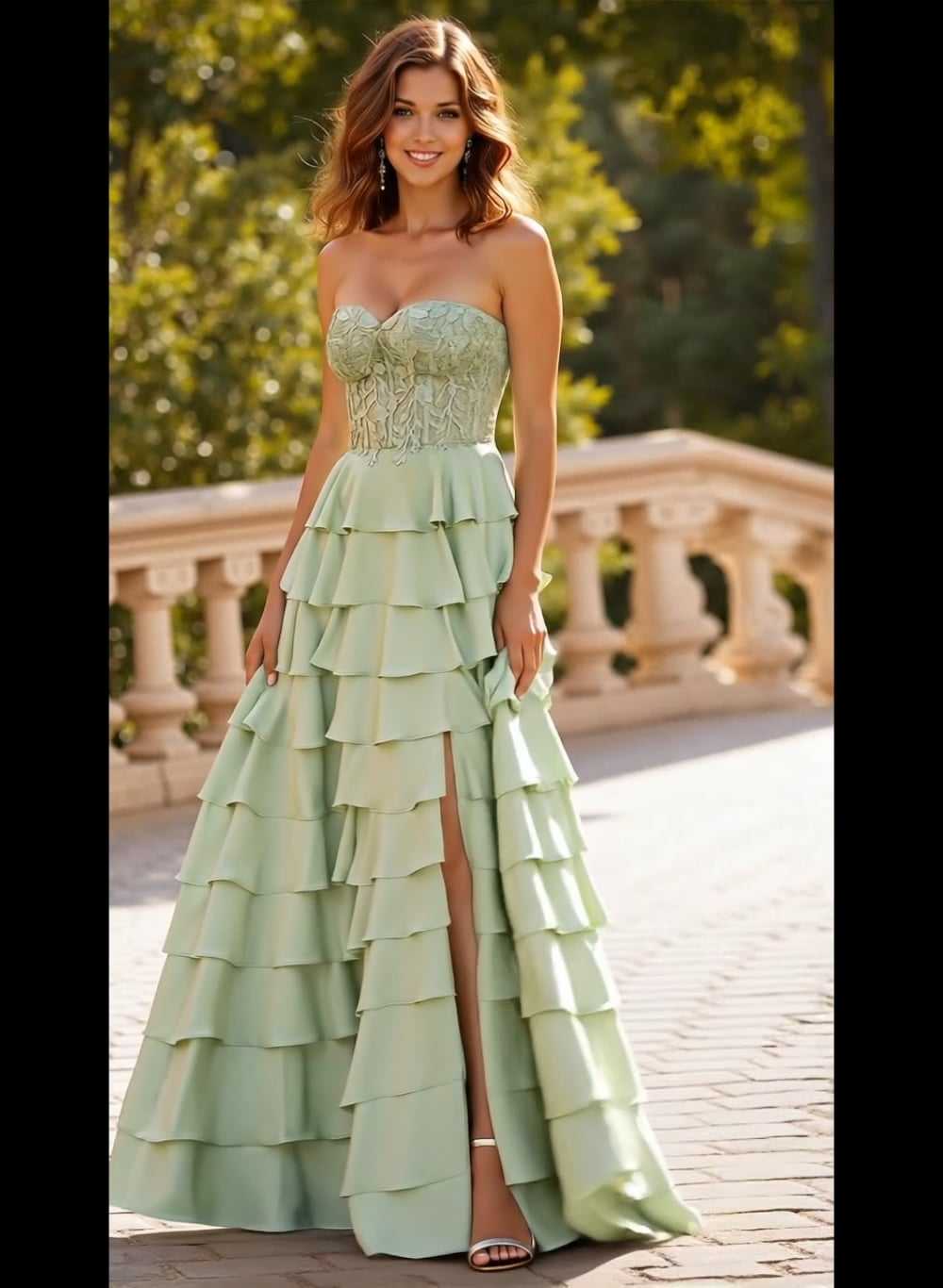 A-Line Sweetheart Sweep Train Crepe Satin Prom Dresses With Cascading Ruffles/Lace/Tiered