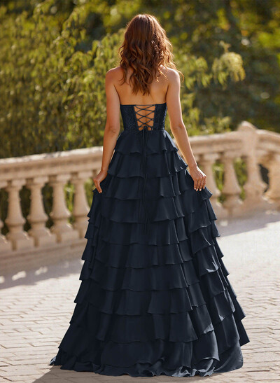 A-Line Sweetheart Sweep Train Crepe Satin Prom Dresses With Cascading Ruffles/Lace/Tiered