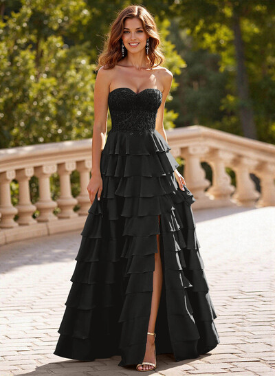 A-Line Sweetheart Sweep Train Crepe Satin Prom Dresses With Cascading Ruffles/Lace/Tiered