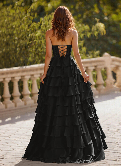 A-Line Sweetheart Sweep Train Crepe Satin Prom Dresses With Cascading Ruffles/Lace/Tiered