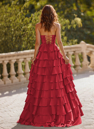 A-Line Sweetheart Sweep Train Crepe Satin Prom Dresses With Cascading Ruffles/Lace/Tiered