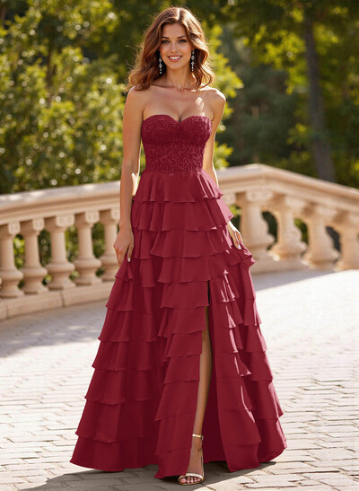 A-Line Sweetheart Sweep Train Crepe Satin Prom Dresses With Cascading Ruffles/Lace/Tiered