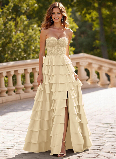 A-Line Sweetheart Sweep Train Crepe Satin Prom Dresses With Cascading Ruffles/Lace/Tiered