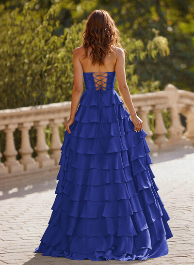 A-Line Sweetheart Sweep Train Crepe Satin Prom Dresses With Cascading Ruffles/Lace/Tiered