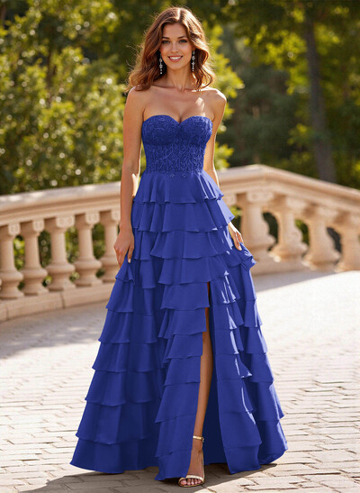 A-Line Sweetheart Sweep Train Crepe Satin Prom Dresses With Cascading Ruffles/Lace/Tiered