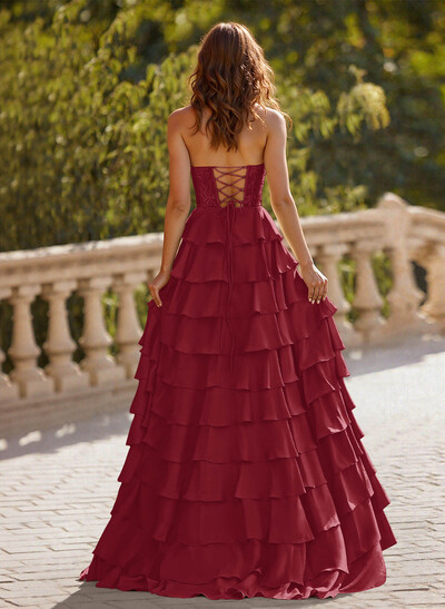 A-Line Sweetheart Sweep Train Crepe Satin Prom Dresses With Cascading Ruffles/Lace/Tiered