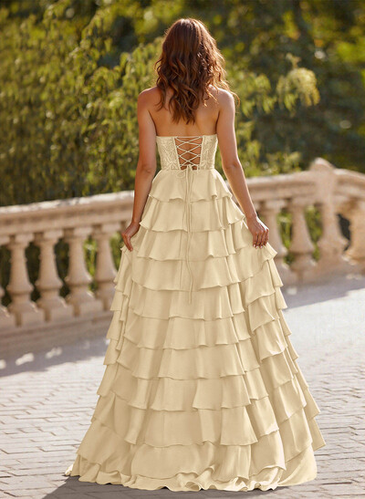 A-Line Sweetheart Sweep Train Crepe Satin Prom Dresses With Cascading Ruffles/Lace/Tiered