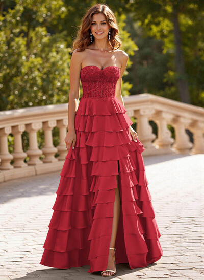 A-Line Sweetheart Sweep Train Crepe Satin Prom Dresses With Cascading Ruffles/Lace/Tiered
