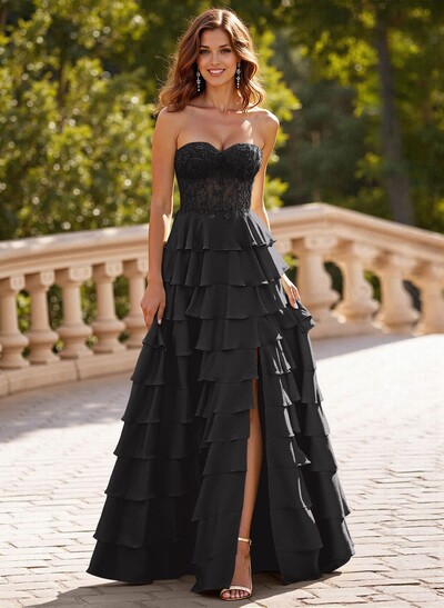 A-Line Sweetheart Sweep Train Stretch Satin Prom Dresses With Cascading Ruffles/Lace/Tiered