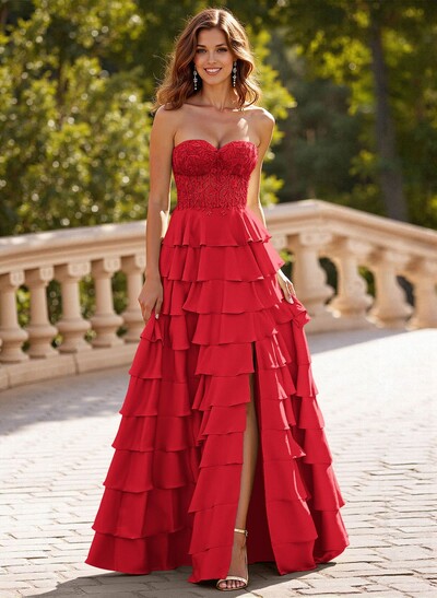 A-Line Sweetheart Sweep Train Stretch Satin Prom Dresses With Cascading Ruffles/Lace/Tiered