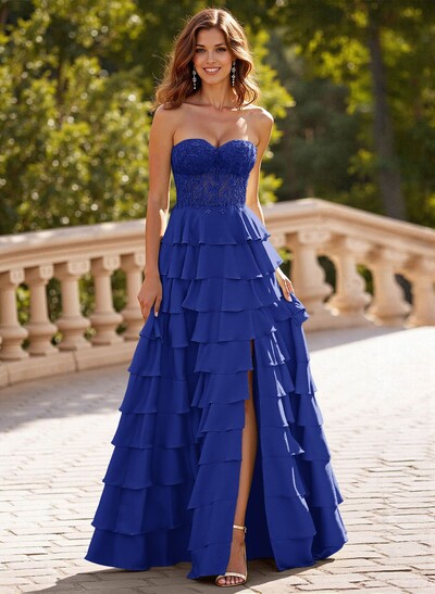 A-Line Sweetheart Sweep Train Stretch Satin Prom Dresses With Cascading Ruffles/Lace/Tiered