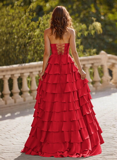 A-Line Sweetheart Sweep Train Stretch Satin Prom Dresses With Cascading Ruffles/Lace/Tiered