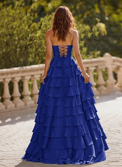 A-Line Sweetheart Sweep Train Stretch Satin Prom Dresses With Cascading Ruffles/Lace/Tiered