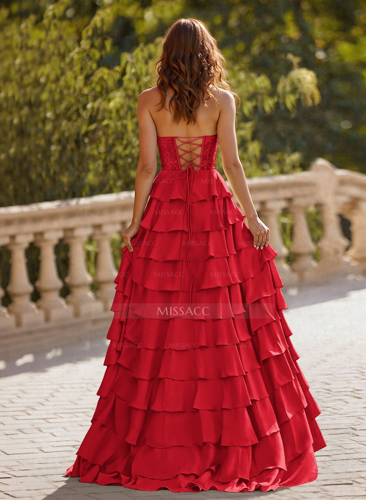 A-Line Sweetheart Sweep Train Stretch Satin Prom Dresses With Cascading Ruffles/Lace/Tiered