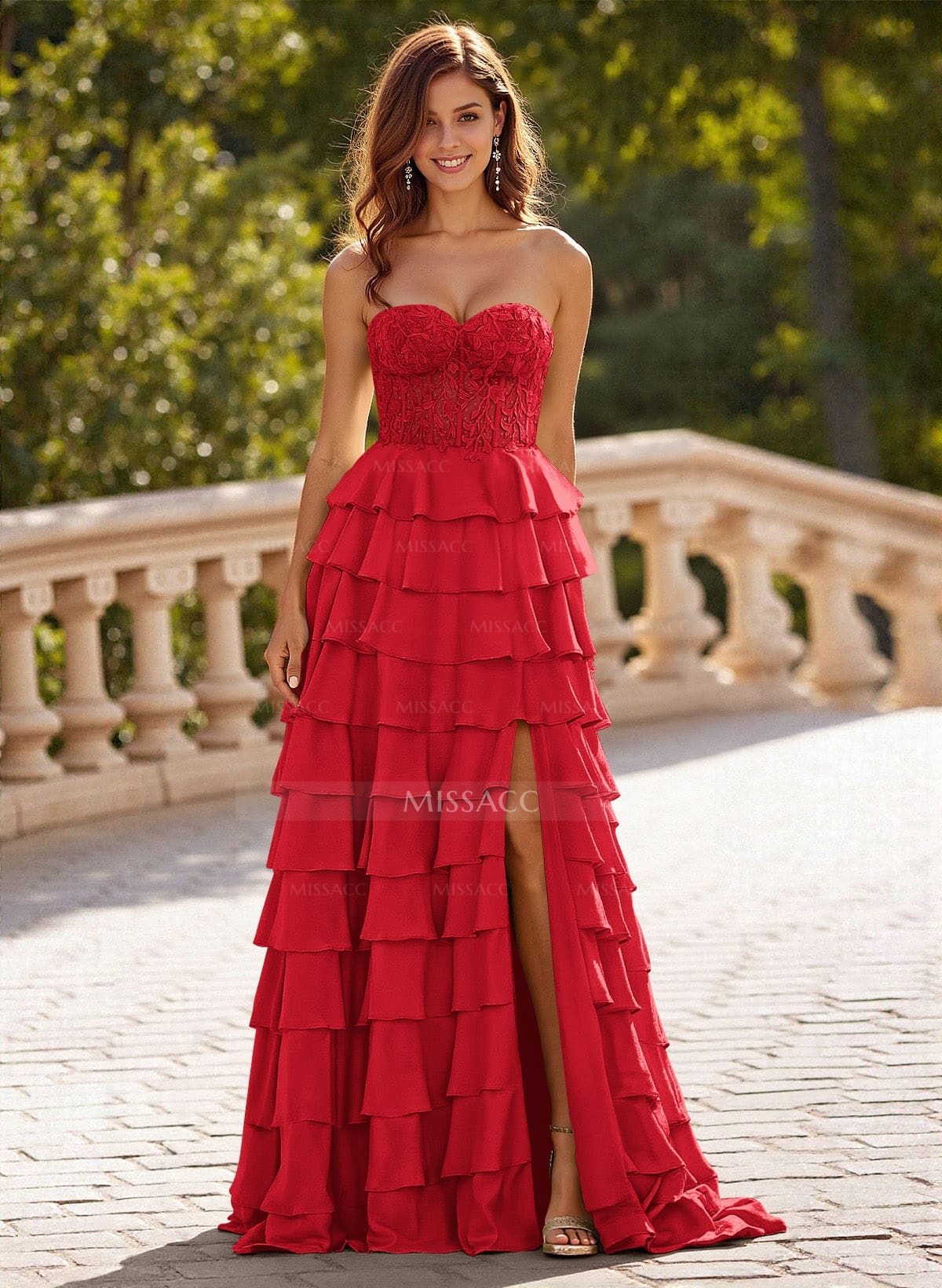 A-Line Sweetheart Sweep Train Stretch Satin Prom Dresses With Cascading Ruffles/Lace/Tiered