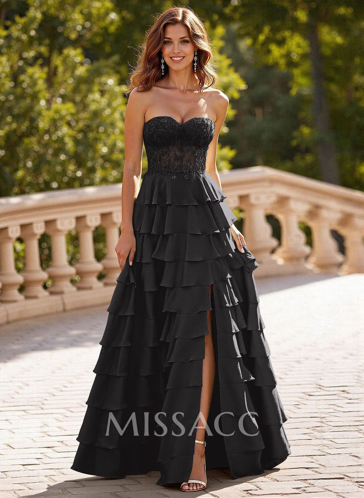 A-Line Sweetheart Sweep Train Stretch Satin Prom Dresses With Cascading Ruffles/Lace/Tiered