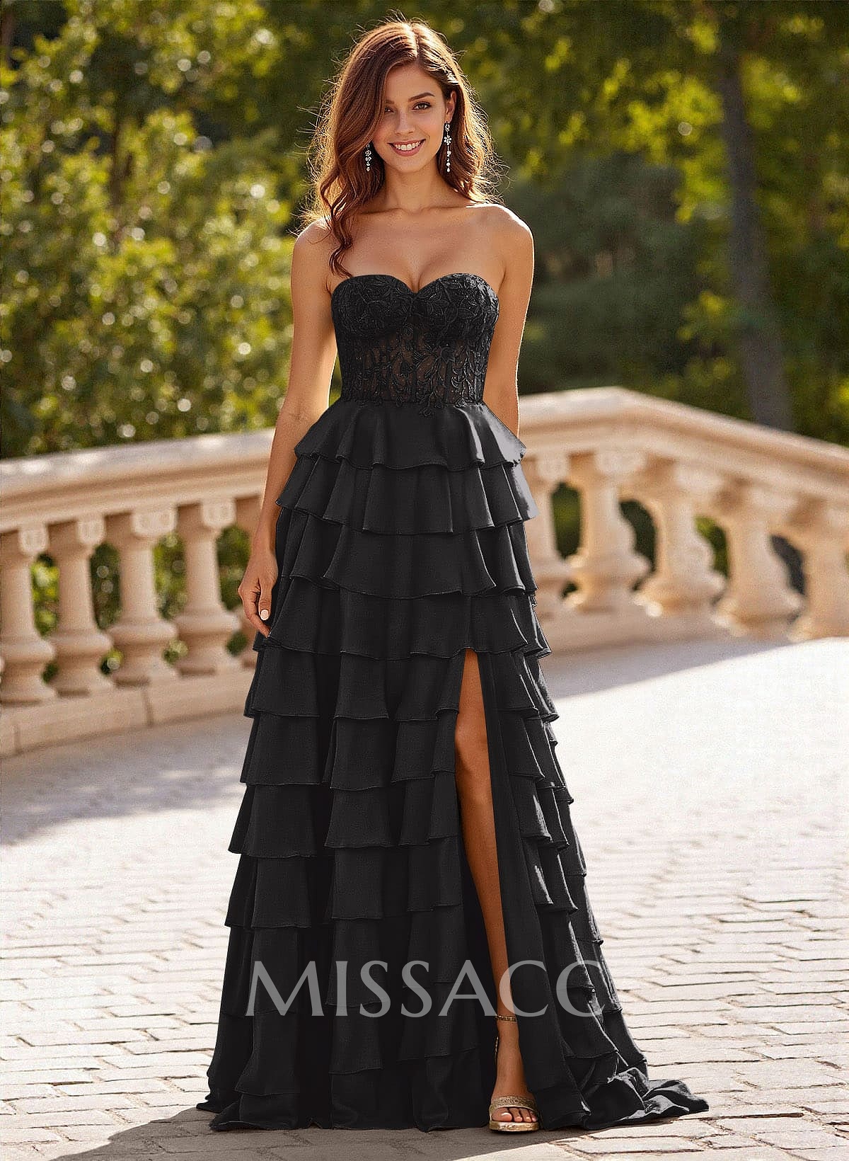 A-Line Sweetheart Sweep Train Stretch Satin Prom Dresses With Cascading Ruffles/Lace/Tiered