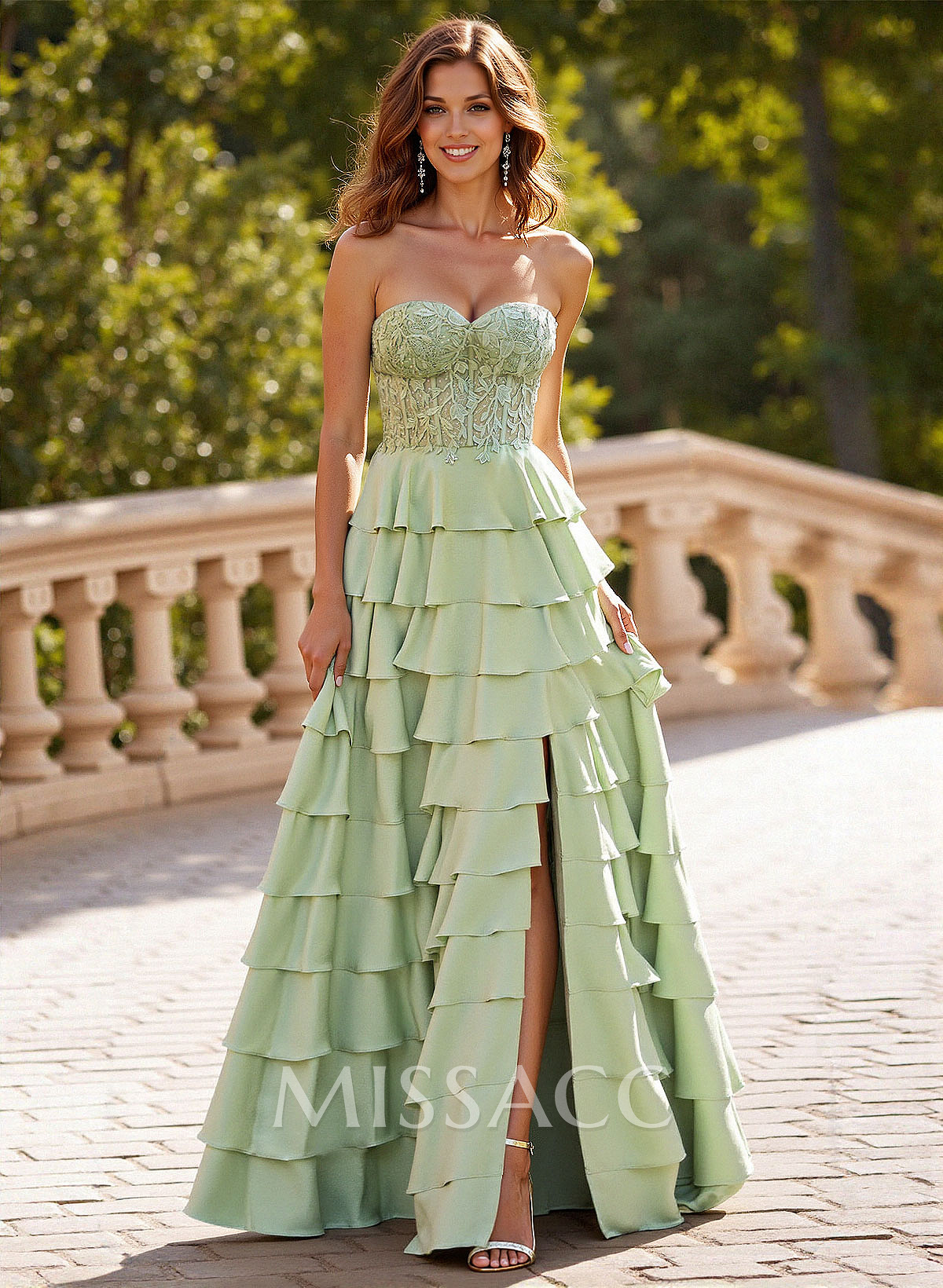 A-Line Sweetheart Sweep Train Stretch Satin Prom Dresses With Cascading Ruffles/Lace/Tiered