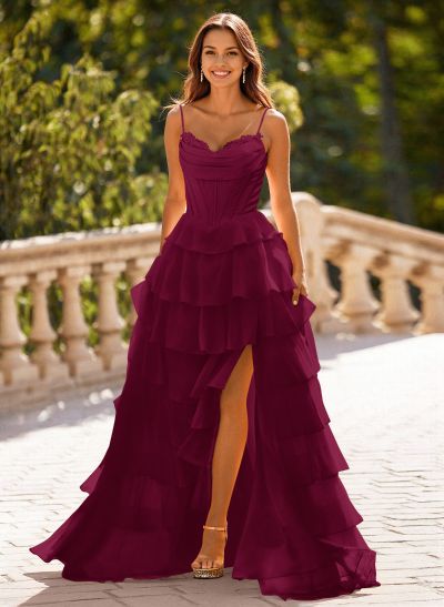 Dreamy Sweetheart Tiered A-Line High Split Floor-Length Chiffon Prom Dresses
