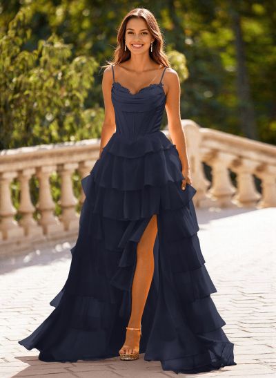 Dreamy Sweetheart Tiered A-Line High Split Floor-Length Chiffon Prom Dresses