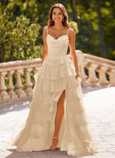 Dreamy Sweetheart Tiered A-Line High Split Floor-Length Chiffon Prom Dresses
