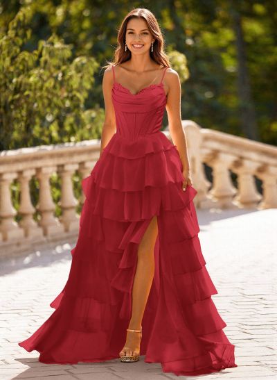 Dreamy Sweetheart Tiered A-Line High Split Floor-Length Chiffon Prom Dresses