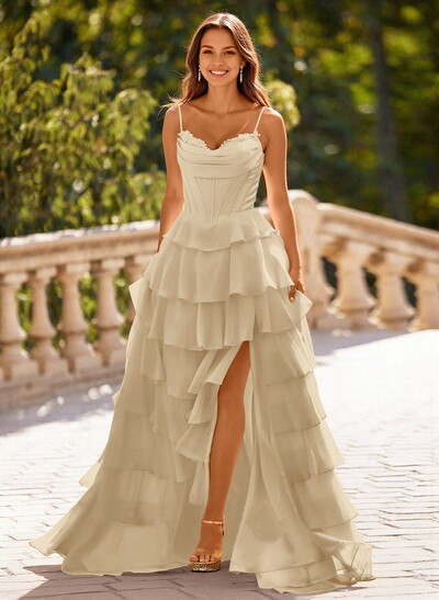Dreamy Sweetheart Tiered A-Line High Split Floor-Length Chiffon Prom Dresses