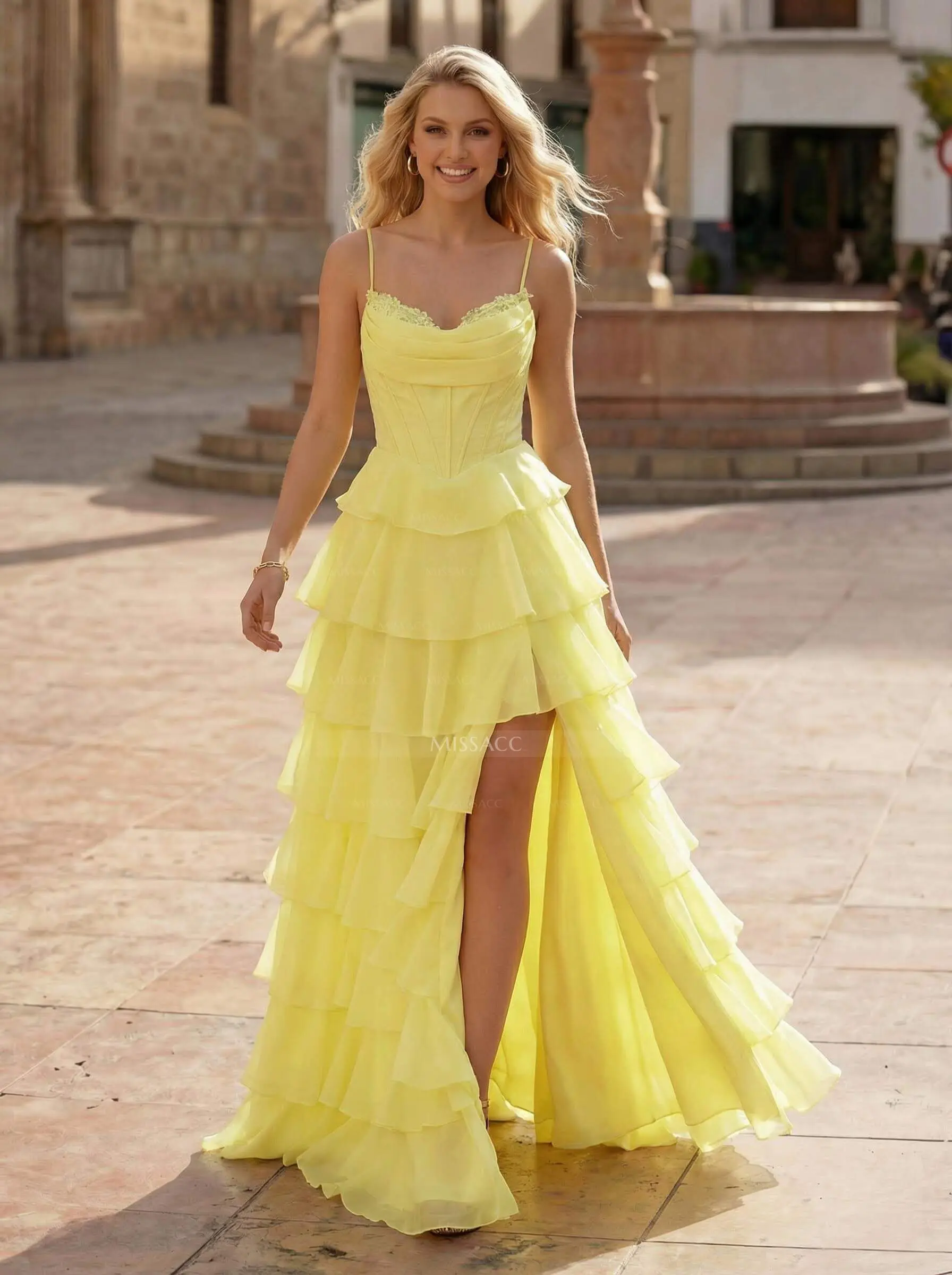 Dreamy Sweetheart Tiered A-Line High Split Floor-Length Chiffon Prom Dresses  - Missacc