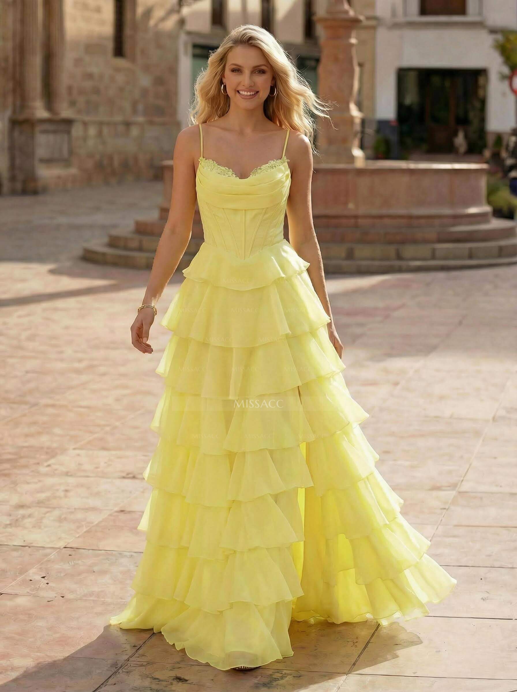 Dreamy Sweetheart Tiered A-Line High Split Floor-Length Chiffon Prom Dresses