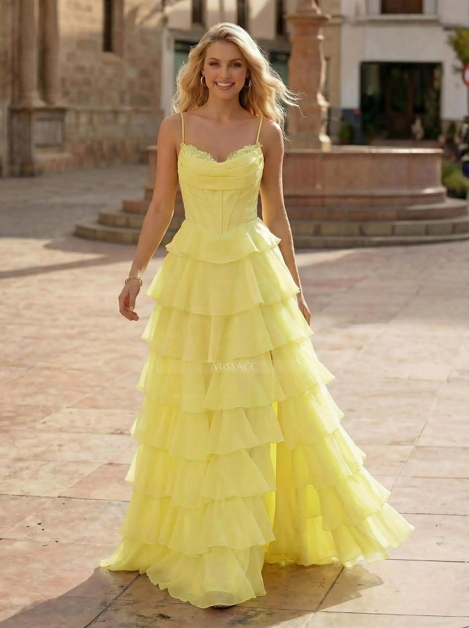 open lace back dress Green Chiffon Spaghetti Strap Tiered A-Line Prom Dresses ,CP0213 US10 / As Pic main image 1