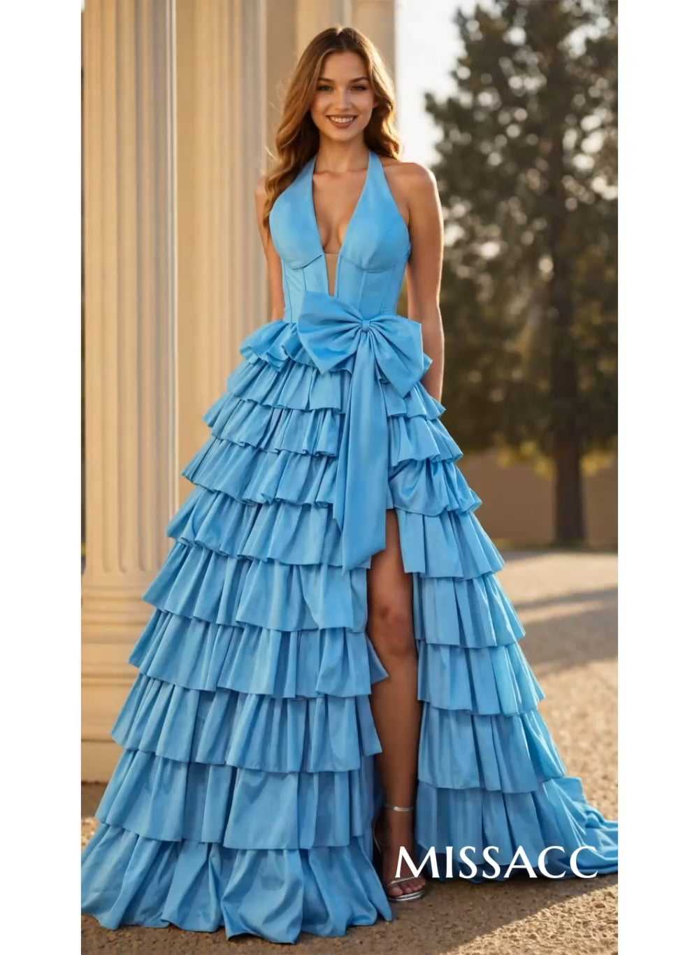 Unique Halter Bow(s) High Split Tiered A-Line Sweep Train Taffeta Prom Dresses