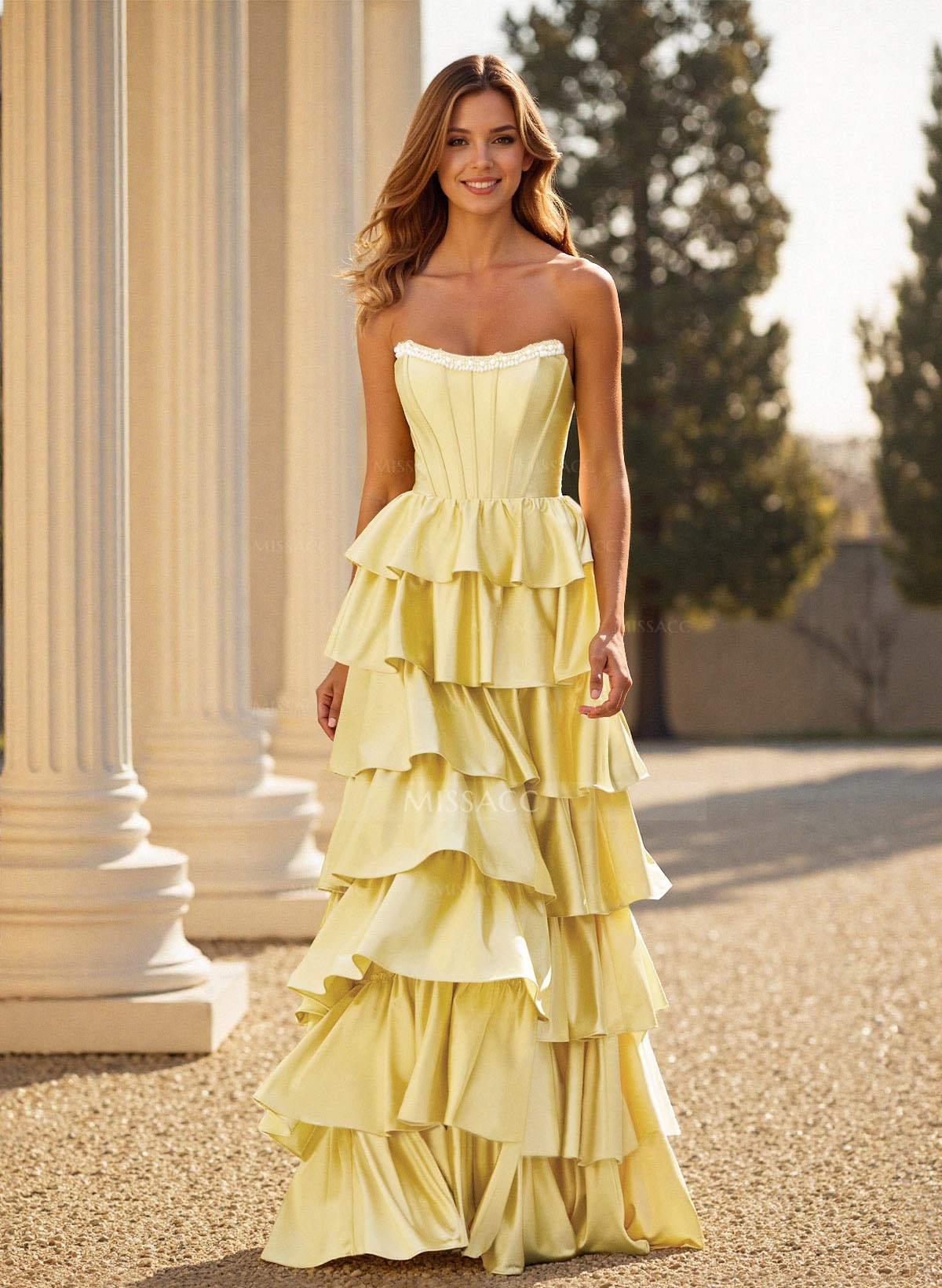 Elegant Tiered A-Line Floor-Length Crepe Satin Prom Dresses With High Split