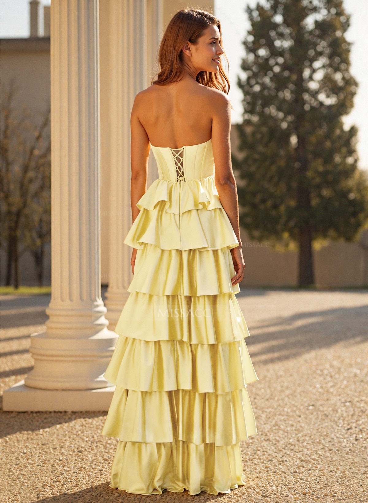 Elegant Tiered A-Line Floor-Length Crepe Satin Prom Dresses With High Split