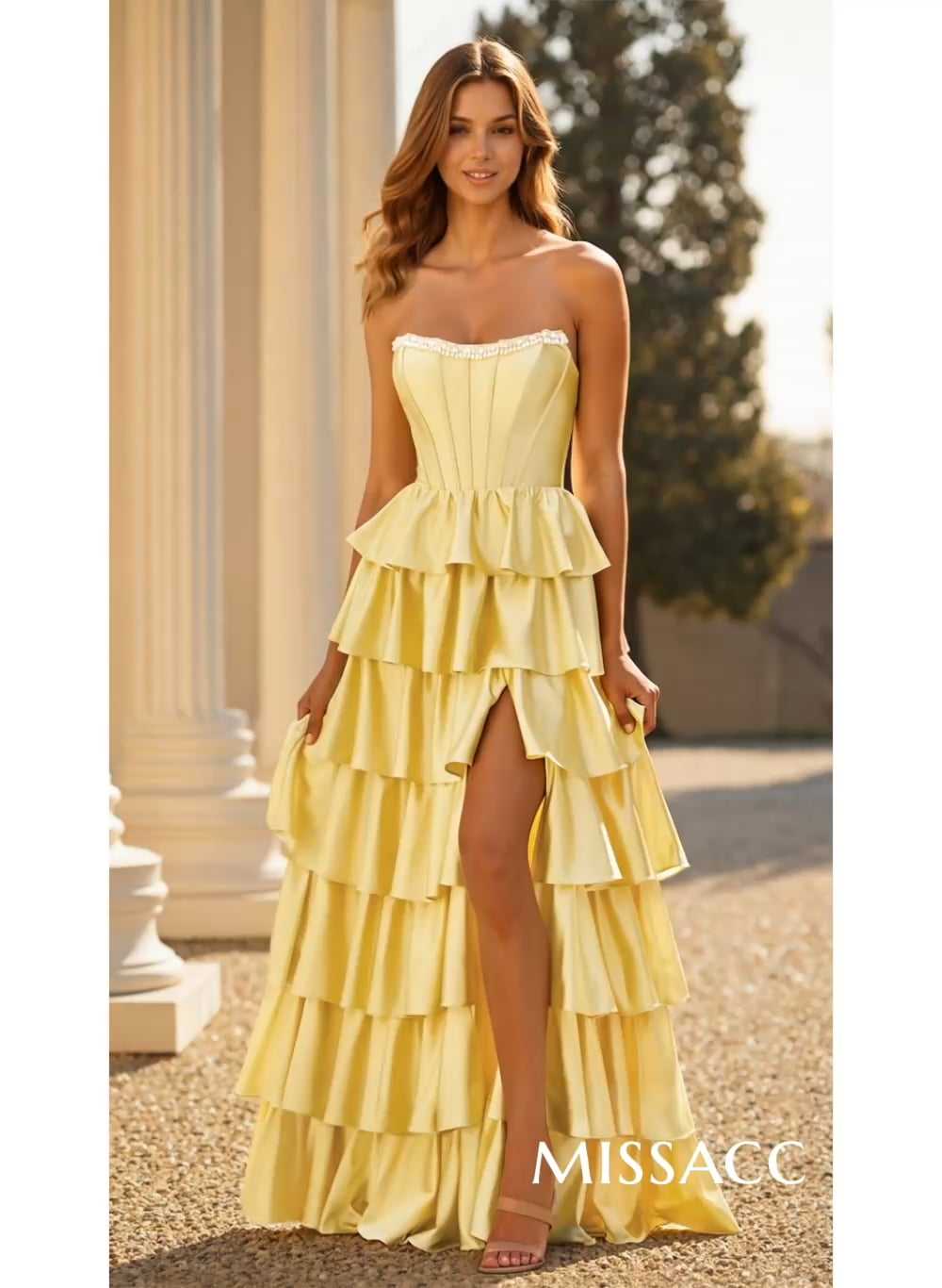 Elegant Tiered A-Line Floor-Length Crepe Satin Prom Dresses With High Split